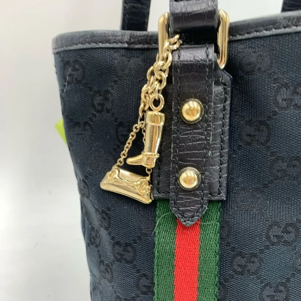 Gucci Small Black GG Canvas Sherry Line Jolicoeur Bucket Tote Bag Gold Charms